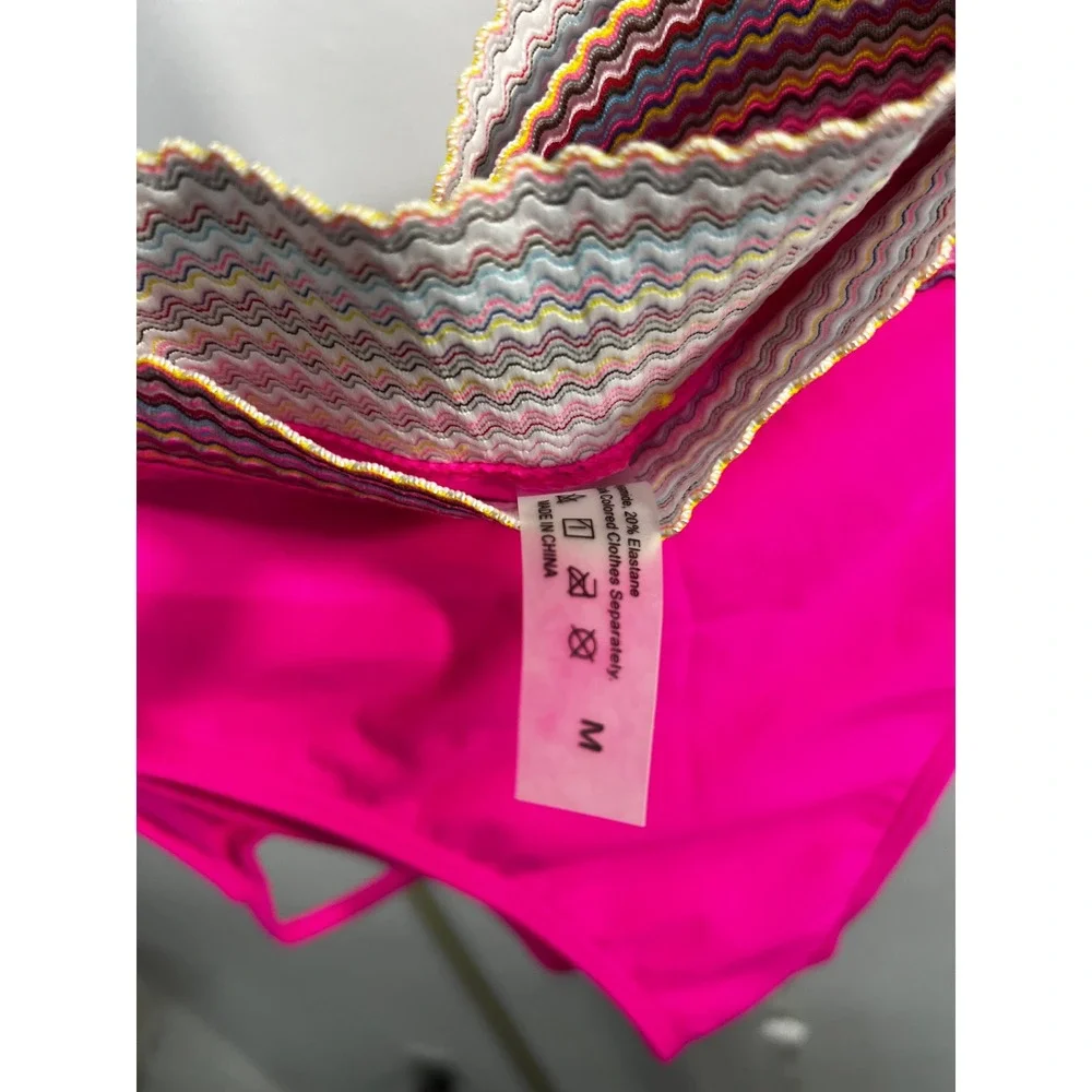 Hot Pink High Waisted Bikini Bottom Chevron Crochet Waist Strappy Cut Out Size M